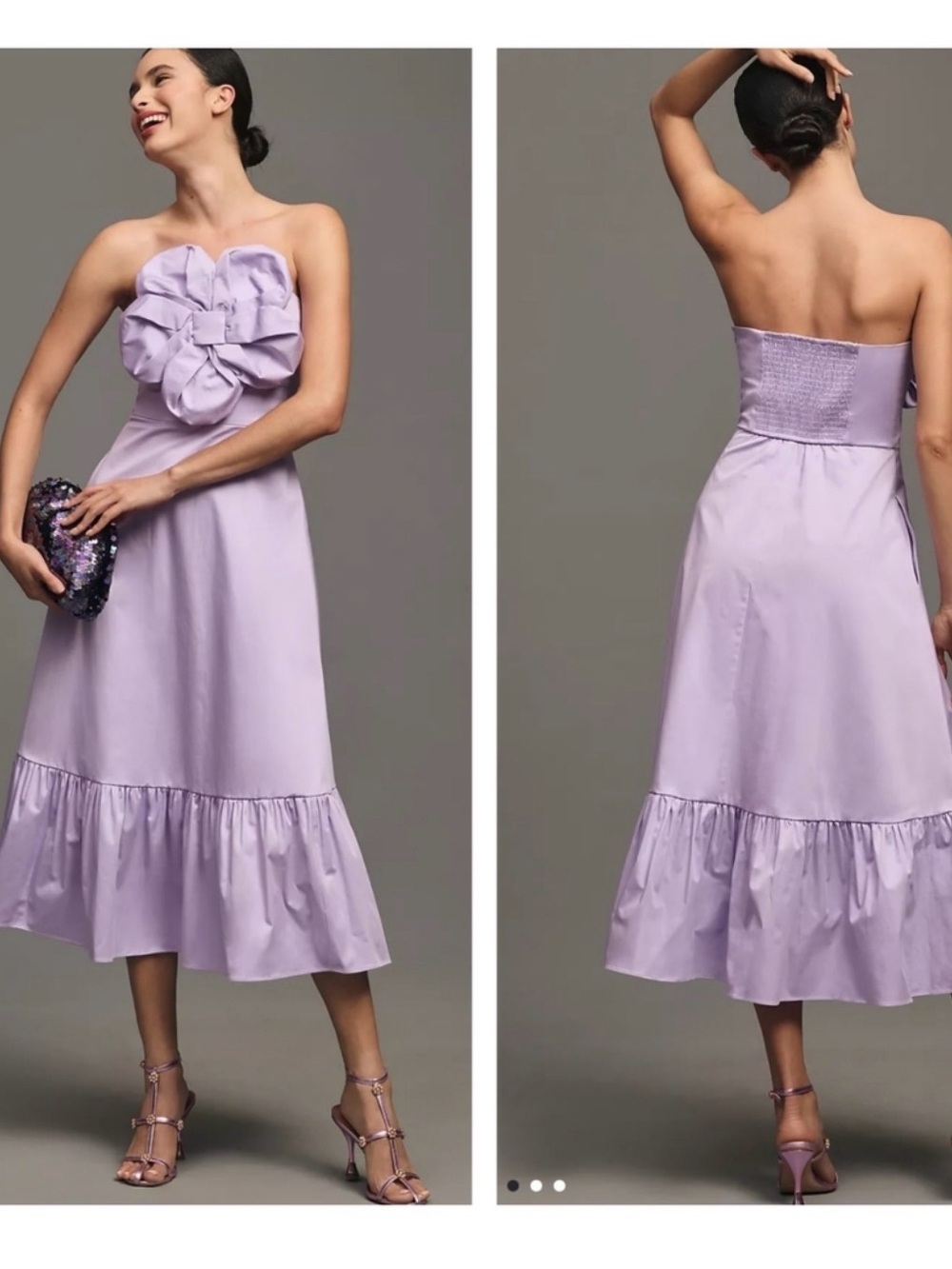 Hutch Strapless Lavender Midi Dress with Floral Front Detail